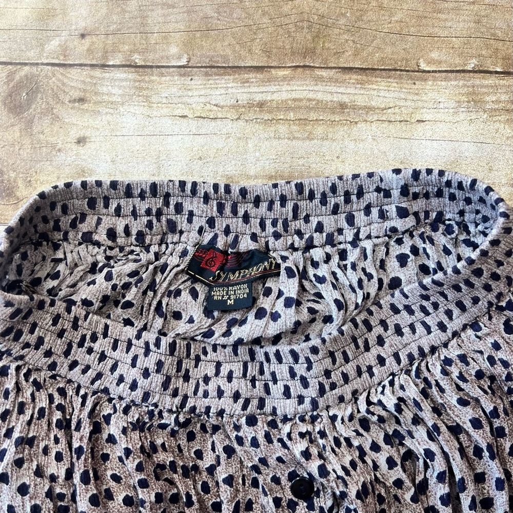 Symphony Womens Animal Print Midi Skirt Tan Navy Blue Rayon Smocked Waist Size M - Picture 7 of 8